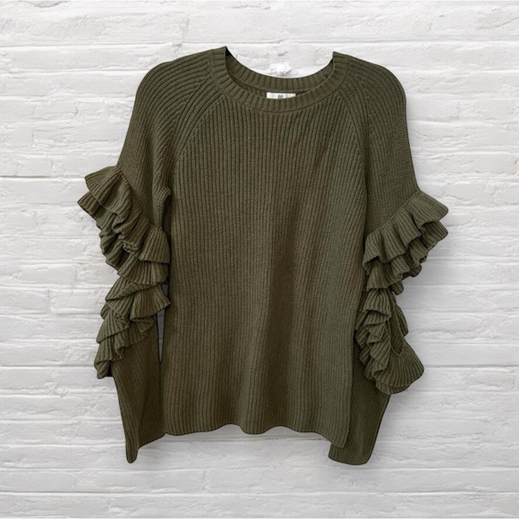 ⭐️ BP Nordstrom Olive Army Green Ruffle Open Elbow Crewneck Sweater SMALL - Picture 3 of 10